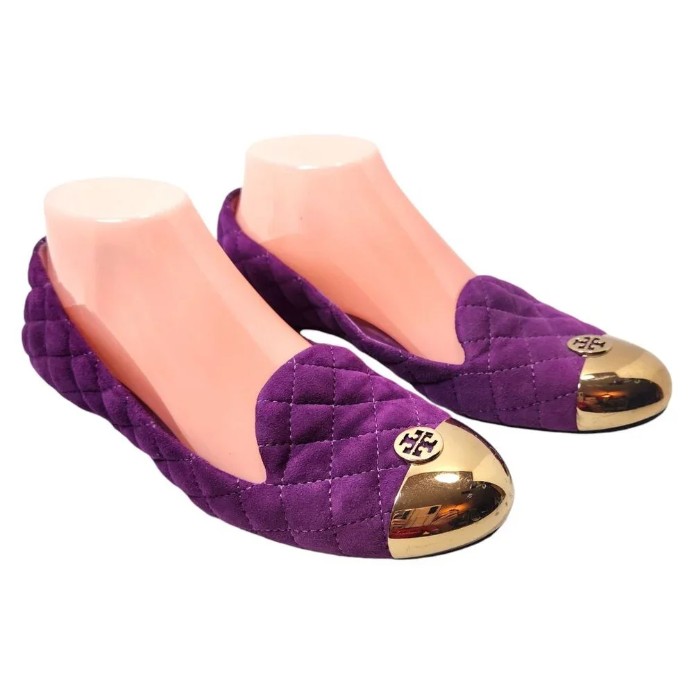 Tory Burch Quilted Purple Suede Flats with Gold Cap Toe
